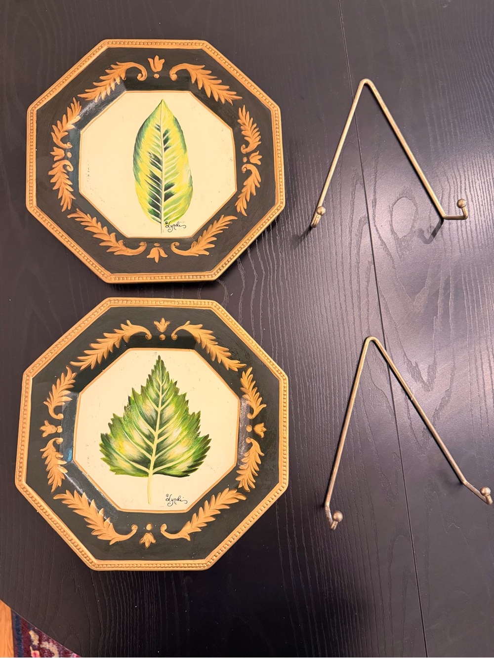 Set of 2 Decorative Octagon Plates with Leaf Design and Stands Vintage
